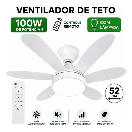 Ventilador De Teto 52cm 100w Com Lâmpada E Controle Remoto 52 Cm Branco 127/220v Plástico 6