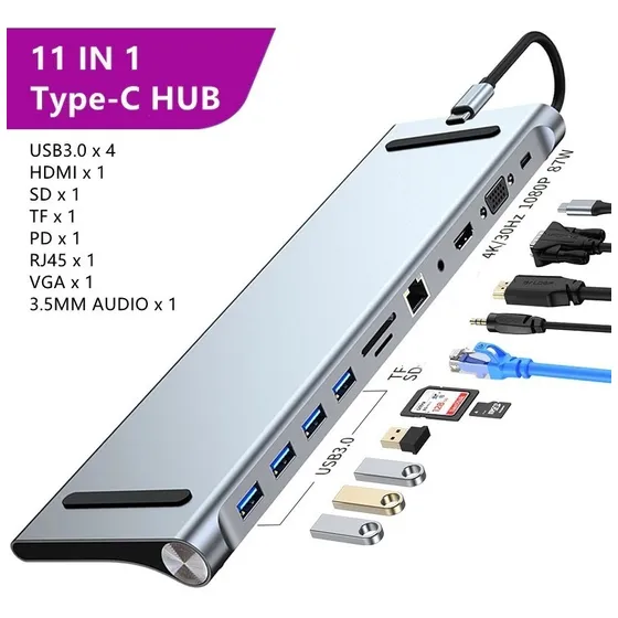 Adaptador Convertidor Multipuerto Usb Tipo C 11 En 1 Hdmi 4k