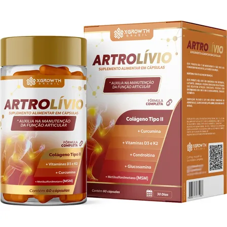 Artrolívio Alivia Fibromialgia Artrose Tendinite C/ Colágeno Tipo 2 Cúrcuma 60 Cápsulas 1000mg Sabor Natural