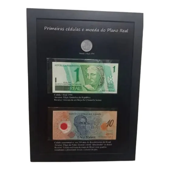 Quadro Cédula 10 Reais Plastico Nota 1 Real E Moeda Completo