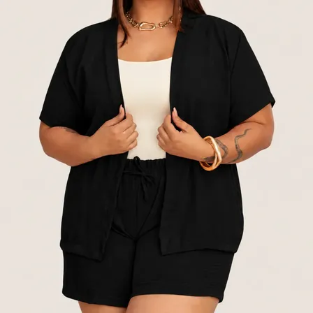 Conjunto Kimono Plus Size Short Verão Moda Elegante Casual