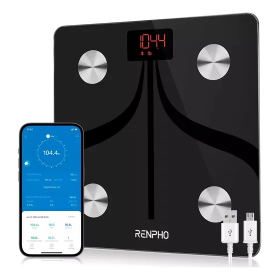 Renpho báscula corporal digital pediátrica ES30MUSB negra hasta 180 kg,Báscula de baño digital recargable por USB-C, con aplicación para smartphone, color negro