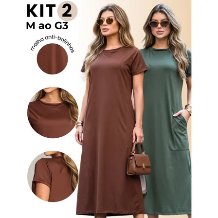 Kit 2 Vestido Midi Elegante Bolso Lateral Moda Comfy Casual