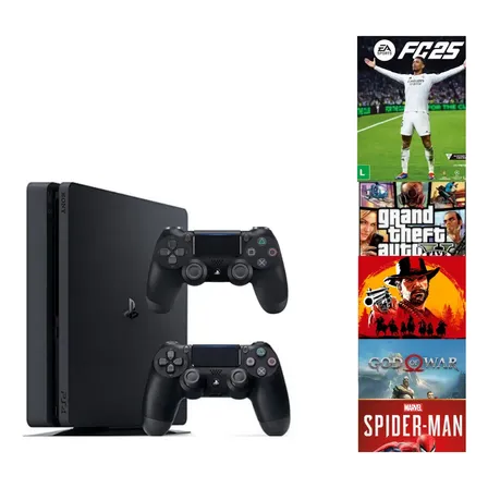 Playstation 4 Ps4 Slim Preto Jet Black 1tb Dois Controles + Um Jogo Gta 5/ Red Dead Redemption 2/ Fc25 Fifa 25