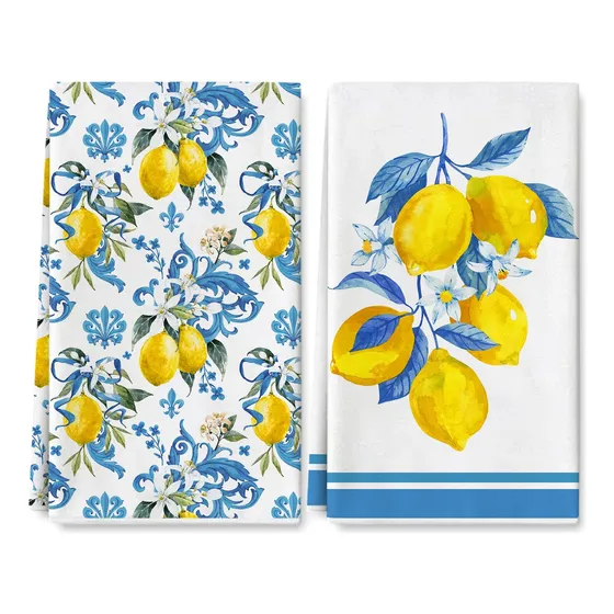 Toalla Cocina Limon 18 X 28 Azul Amarillo Paño Acuarela Mano