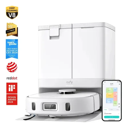 Aspiradora Robot Eufy X10 Pro Omni 8000 Pa para Mascotas, Evitación de Obstáculos IA, Trapeador Doble con Elevación 12 mm, Autovaciado y Autollenado, Blanco