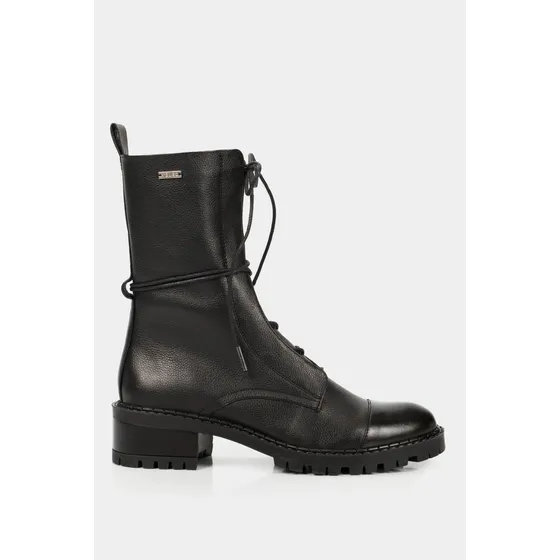 Vélez Botines Militar De Cuero Para Mujer Cordones Negro