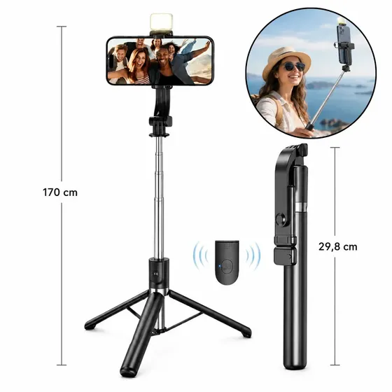 Tripé Bastão Pau De Selfie 170cm Celular Vertical Horizontal Com Controle Bluetooth E Led Portátil R