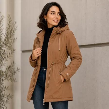 Jaqueta Parka Sobretudo Feminina Forro Pelinho Capuz Casaco Marrom Gg Liso