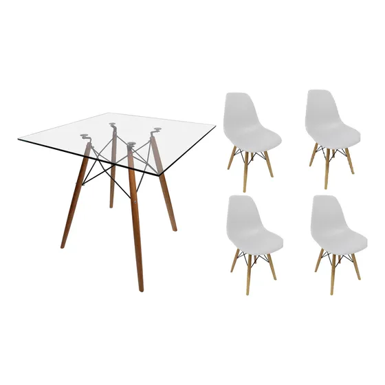 Mesa Vidro 90cm Quadrado Base Italy + 4 Cadeira Eiffel Bgp