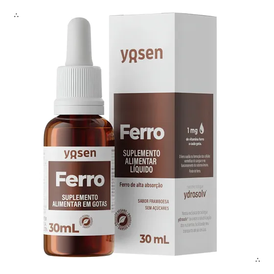 Ferro Bisglicinato Suplemento Líquido Ydrosolv® Yosen 30ml Sabor Framboesa