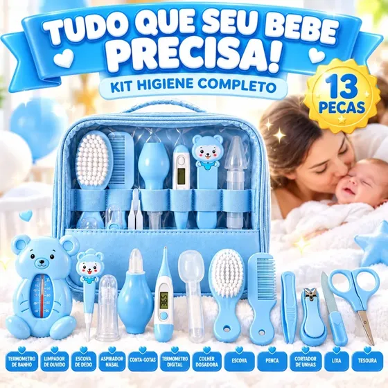 Kit Higiene Cuidados Bebê Azul Recém Nascido Completo 13 Peças Bolsa Maternidade Termômetro Digital