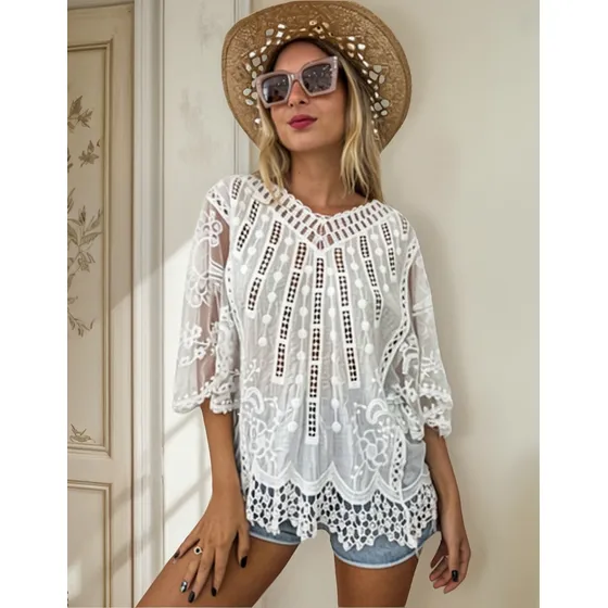 Blusa Broderie Guipur Encaje Romantica Camisa Blanca Noche