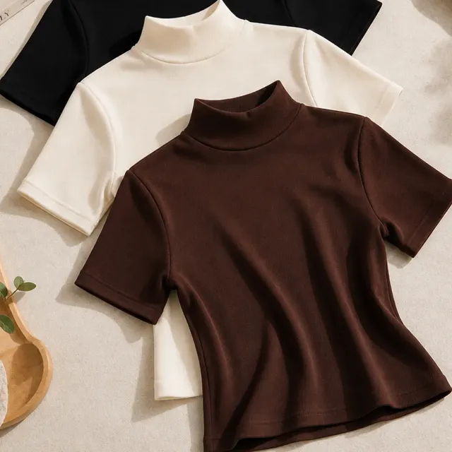 Kit 3 Blusas Gola Alta Feminino Manga Curta Básica Casual