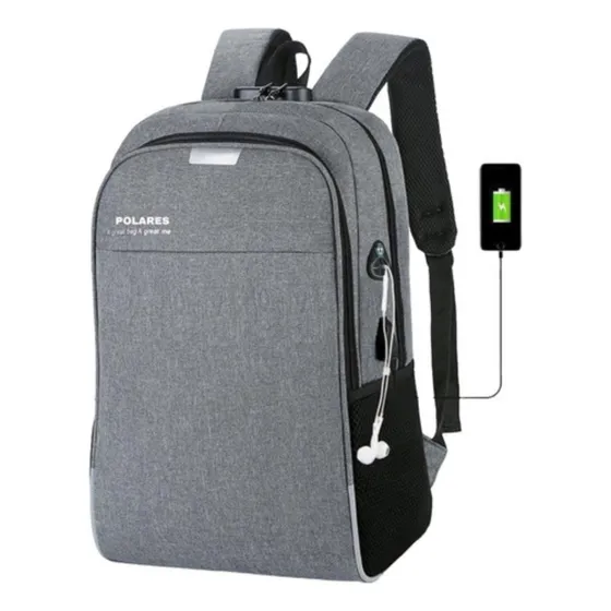 Mochila Anti Furto Polares Notebook Saída Cabo Aux Usb E Fone Ouvido Cor Cinza