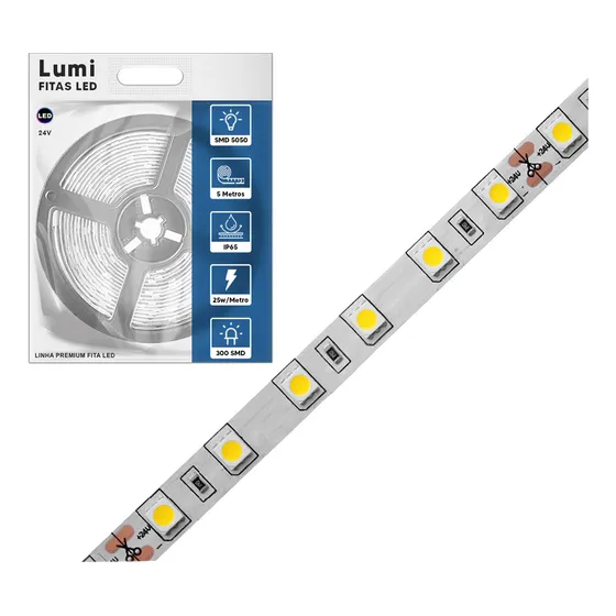 Fita Led 5050/smd 60d/m 24v 5m 26w Ip65 Cor Da Luz Branco Frio 6500k