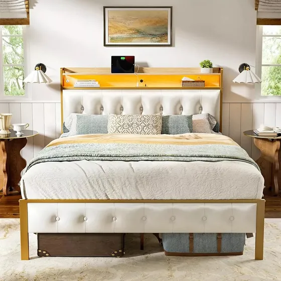 Base Cama Queen Size Cabecera Usb Luces Led Color Blanco Blanca