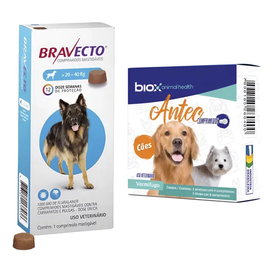 Bravecto 1000mg De 20 Até 40kg + Antec Biox Caixa 04 Cp.