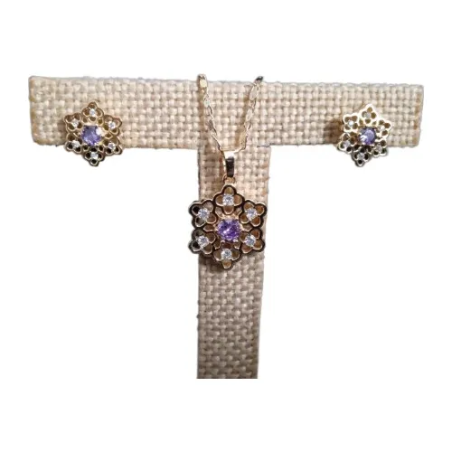 Juego Oro Laminado 14k Aretes, Cadena Y Dije Flor Lila