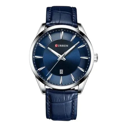 Reloj de cuero de lujo Curren 8365 con bisel dorado/negro, color de fondo azul