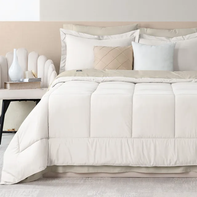 Set 7 Pzas. Edredón Matrimonial +Fundas de almohada + Juego de Sabanas Real Textil Blanco/Beige