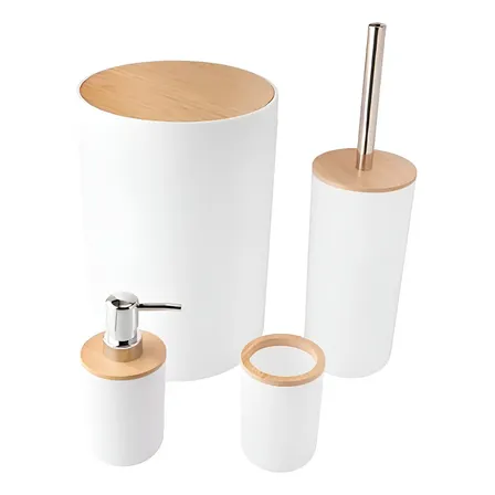 Kit Banheiro Lixeira Porta Escova 4 Peças Tampa Bambu Cor Branco Redondo
