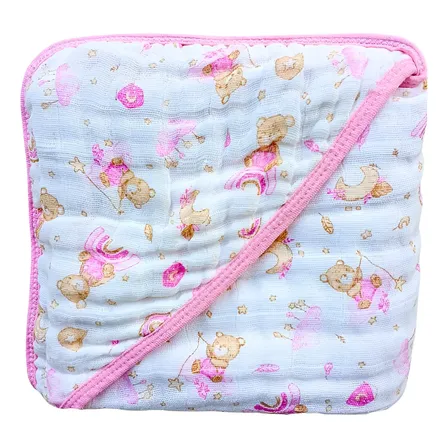 Toalha De Banho Bebê Toalha Fralda Soft Com Capuz 3 Camadas  Ursa Bear Rosa