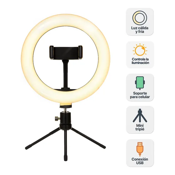 Aro De Luz Led 10 Pulgadas 26 Cm Comerliv Con Tripié De Escritorio Portatil Soporte Celular Negro Tres Intensidades De Luz Calida Y Luz Fría Video Conferencias Maquillaje Soporte Universal