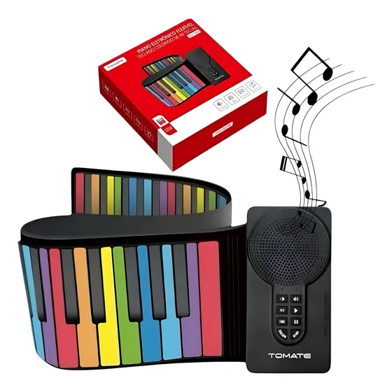 Teclado Piano Musical Flexível 49 Teclas Dobrável Silicone Tomate Recarregável Bateria Lítio Colorido Alto-falante Embutido