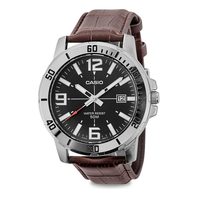 Relógio Casio Masculino Collection Couro Mtp-vd01l-1bvudf Correia Marrom Bisel Prateado Fu... Relógio Casio Masculino Collection Couro Mtp-vd01l-1bvudf Correia Marrom Bisel Prateado Fu...