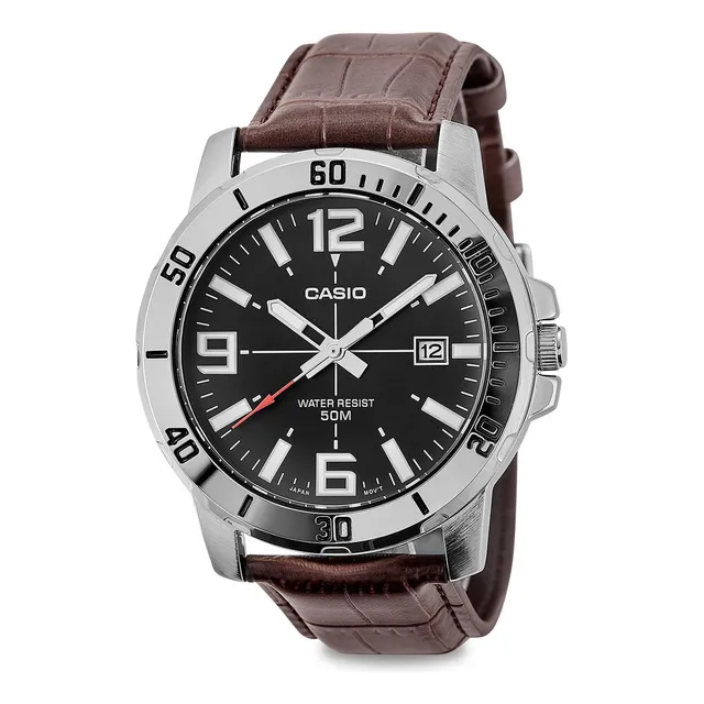 Relógio Casio Masculino Collection Couro Mtp-vd01l-1bvudf Correia Marrom Bisel Prateado Fundo Preto