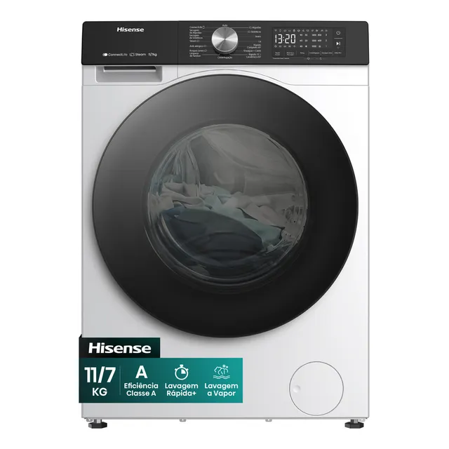 Hisense Lava e Seca, 11kg Lavagem/7kg Secagem, Wi-Fi, Steam, 13 Programas, Motor Inverter, Painel Touch, Branca WD3S11 - 220V