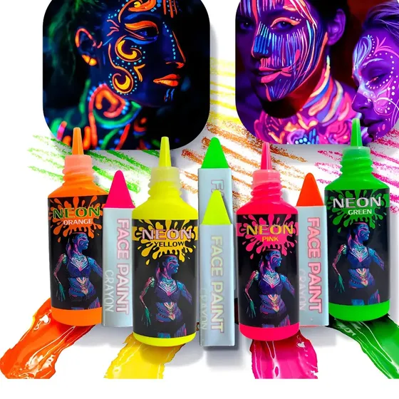 Kit Maquillaje Neón Pintura Crayón Fluorescente Glow Luz Uv