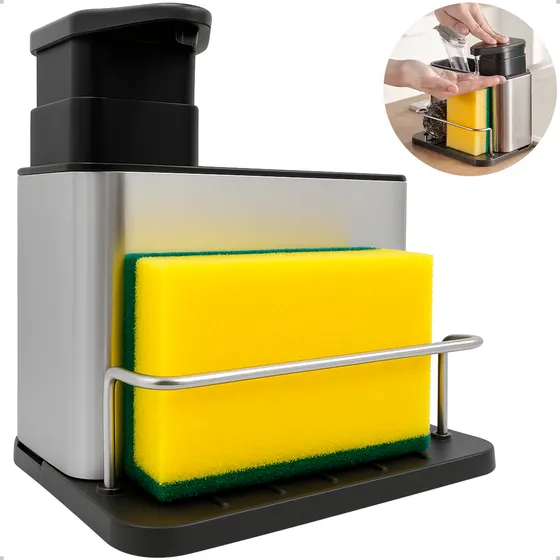 Dispenser Porta Detergente 3 Em 1 Sabão Líquido Esponja Inox