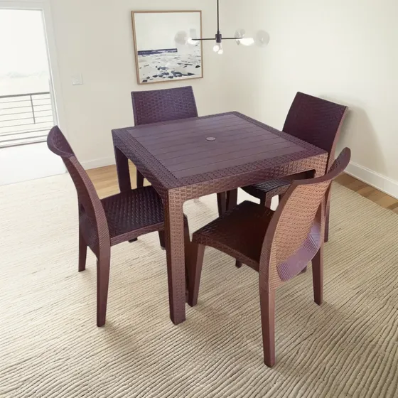 Mesa De Jantar Rattan Plástico Marrom Area Externa Jardim