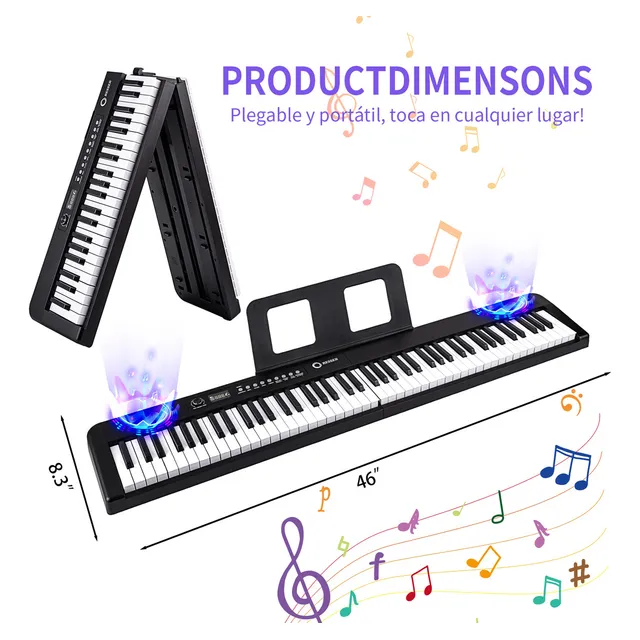 Teclado Musical BESSER 88 Teclas Bluetooth MIDI, 1000 Tonos, 1000 Ritmos, Modo Enseñanza, Dúo Interactivo, Función de Vibrato, Grabación y más, Pantalla LED,Negro
