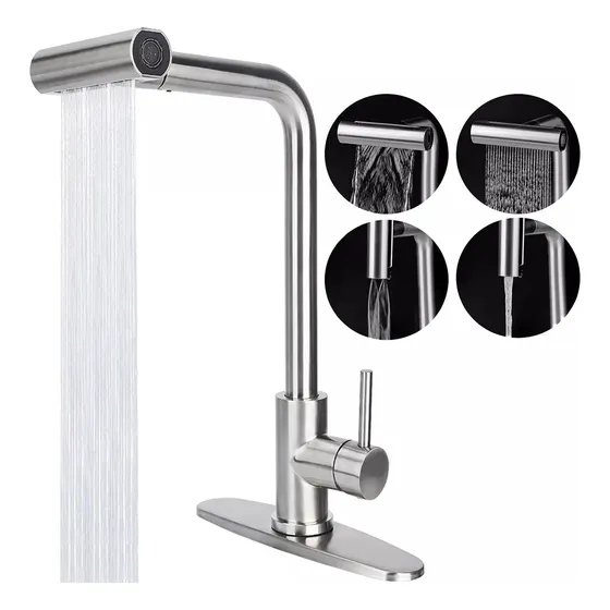 Banna 4 En 1 Llave Mezcladora Para Fregadero Llave De Agua Cocina , Cabezal Giratorio: 360 Grados, Función De Dispensación De Agua: Mezcla De Agua Fría Y Caliente, Acero Inoxidable, Plateado