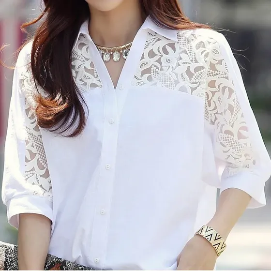Camisa De Gasa Con Retazos De Encaje Estilo Coreano