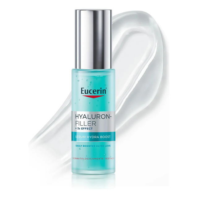 Frasco de Sérum Facial Eucerin Hyaluron-Filler Hydra Boost de 30ml com textura em gel transparente ao fundo
