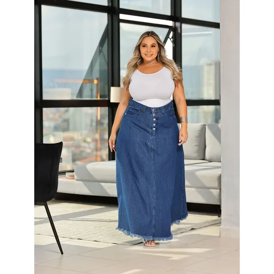 Saia Jeans Longa  Evangelica Plus Size Com Barra Desfiada