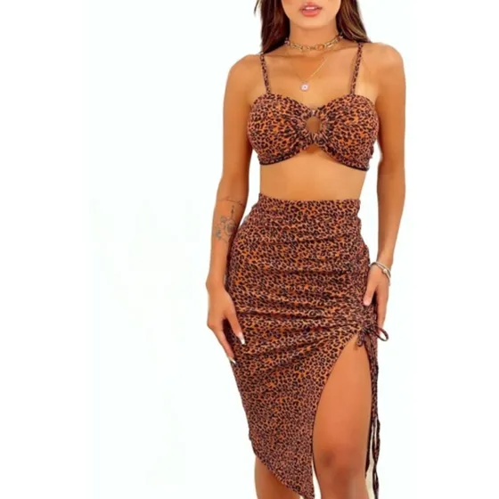 Conjunto Saia Lápis Fenda + Top Cropped Alça Onça Oncinha 