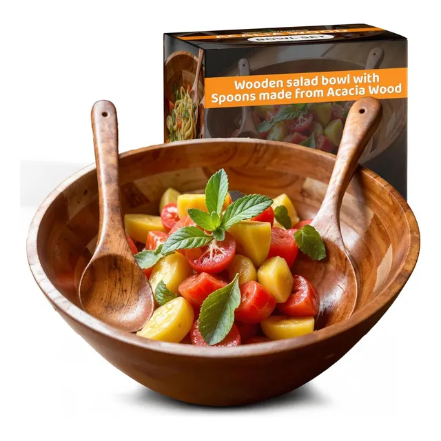 Ensaladera De Madera De Acacia Con 2 Cucharas Para Servir - 