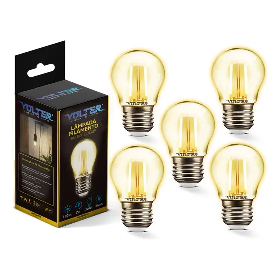 Kit 5 Lâmpada Led Filamento Retro Bolinha G45 2w Retro 127/220V E27 2200k 180lm Branco Quente Decorativa