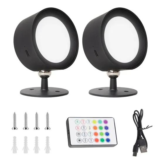 Kit 2 Luminárias de Parede Dazzix Spot Led Preto RGB Sem Fio, para Quarto com Controle Remoto
