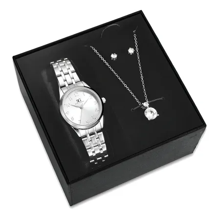 Kit Relógio Colar E Brincos Ponto De Luz Feminino Luxo Silver Saint Germain Presente Original Joias Prata Elegante Clássico 28mm Prateado