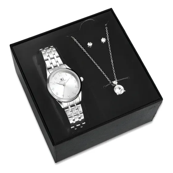 Kit Relógio Colar E Brincos Ponto De Luz Feminino Luxo Silver Saint Germain Presente Original Joias Prata Elegante Clássico 28mm