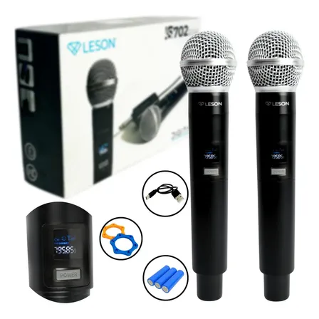 Microfone Sem Fio Duplo Leson Ls702 Recarregável P/ Karaoke E Igreja Preto