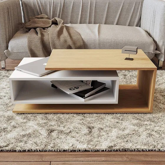 Mesa Ratona De Centro Diseño Exclusivo Ciudad Muebles Color Madera Natural con Blanco
