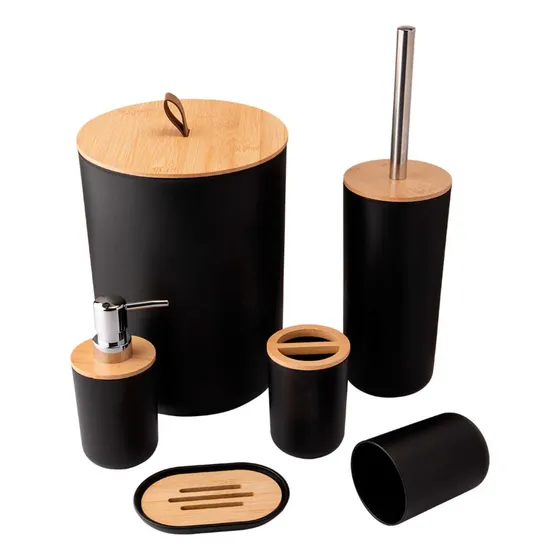 Kit Banheiro Moderno Bambu Com 6 Peças Lixeira Tampa Fechada Cor Preto
