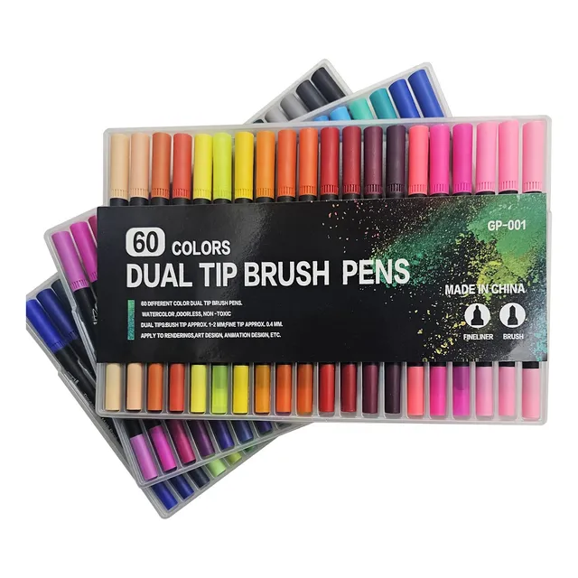 60 Plumones Doble Punta Base Agua Multicolor